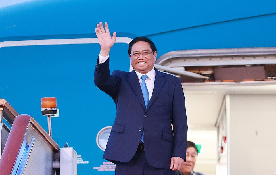 Thủ tướng Phạm Minh Chính kết thúc chuyến thăm chính thức Trung Quốc và dự Hội nghị thường niên WEF. (Ảnh: Dương Giang/TTXVN)