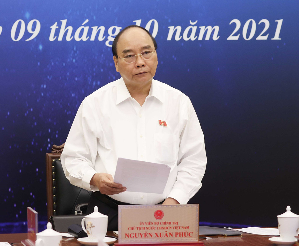 Hình ảnh Chủ tịch nước Nguyễn Xuân Phúc phát biểu tại điểm cầu Hà Nội. (Ảnh: Thống Nhất/TTXVN)