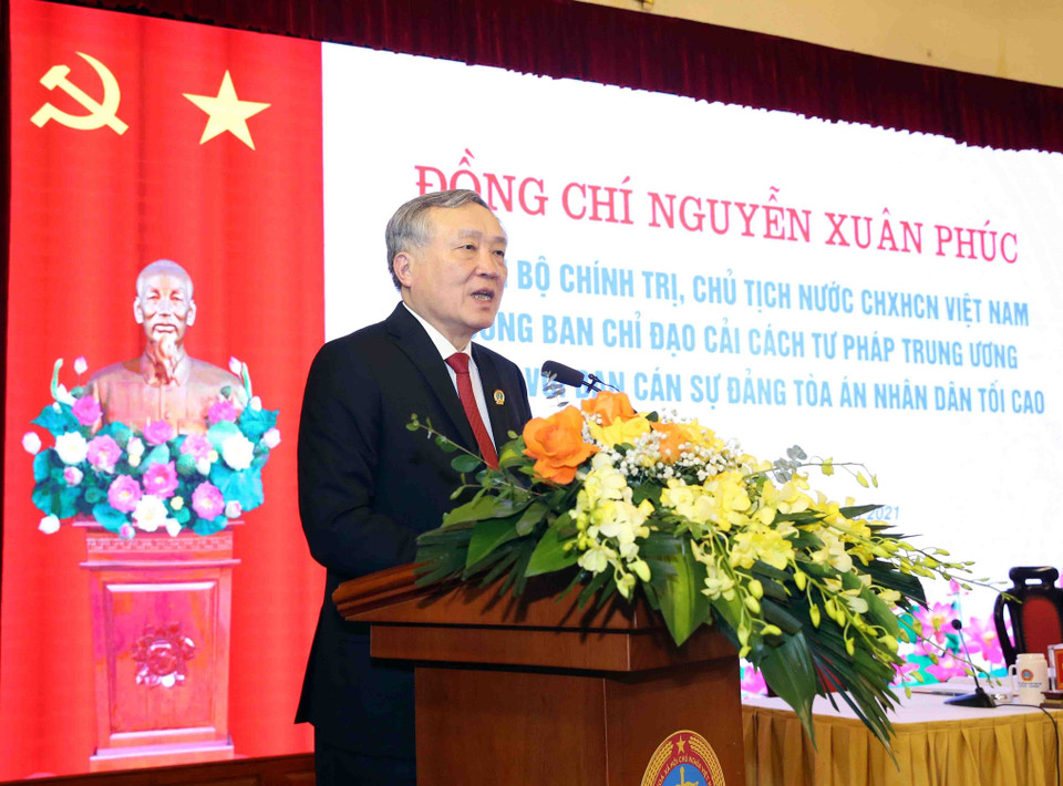 Ông Nguyễn Hòa Bình, Ủy viên Bộ Chính trị, Bí thư Trung ương Đảng, Chánh án Tòa án Nhân dân tối cao phát biểu.(Ảnh: Phạm Kiên/TTXVN)