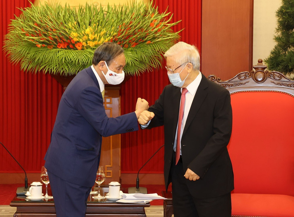 Tổng Bí thư, Chủ tịch nước Nguyễn Phú Trọng tiếp Thủ tướng Nhật Bản Suga Yoshihide. (Ảnh: Trí Dũng/TTXVN)