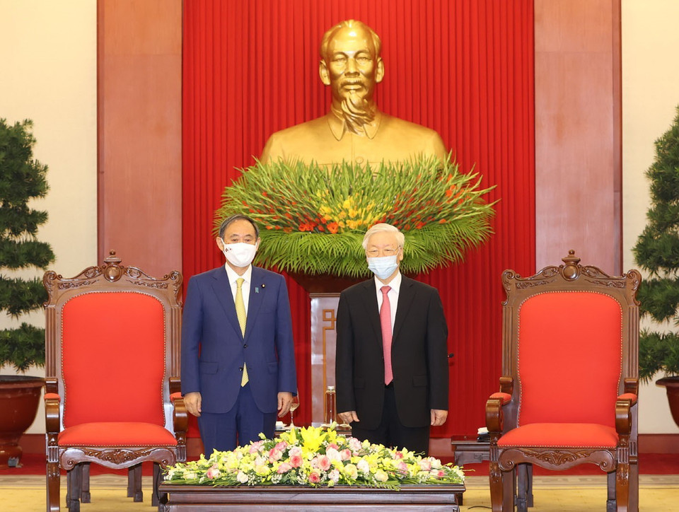 Tổng Bí thư, Chủ tịch nước Nguyễn Phú Trọng tiếp Thủ tướng Nhật Bản Suga Yoshihide. (Ảnh: Trí Dũng/TTXVN)