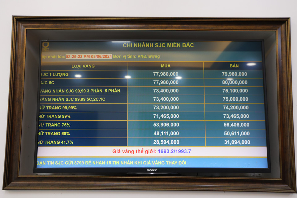 Giá vàng tại điểm bán vàng của Công ty SJC. (Ảnh: PV/Vietnam+)