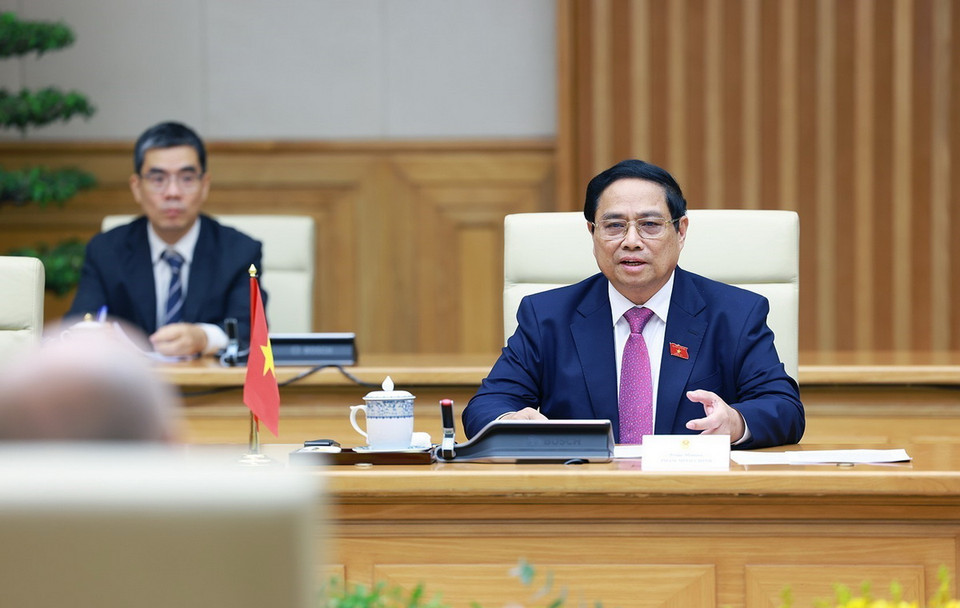 Thủ tướng Phạm Minh Chính phát biểu tại cuộc tiếp kiến Quốc vương Campuchia Norodom Sihamoni. (Ảnh: Dương Giang/TTXVN)