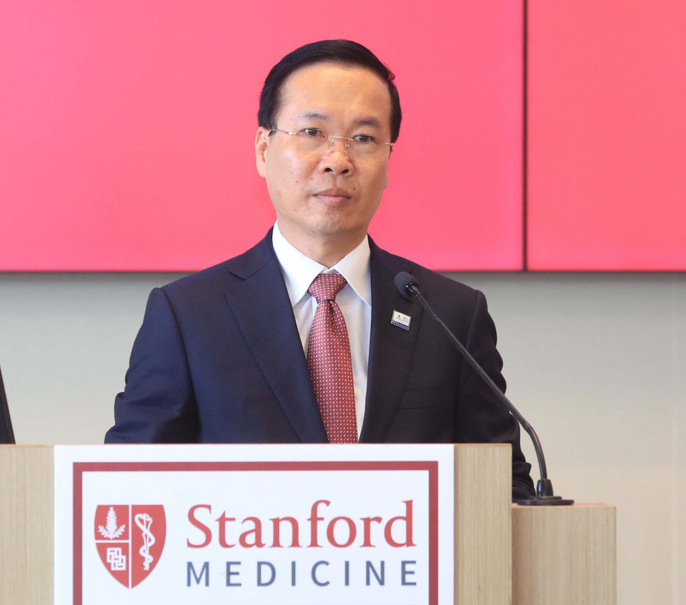 Chủ tịch nước Võ Văn Thưởng phát biểu tại Đại học Stanford, Hoa Kỳ. (Ảnh: Thống Nhất/TTXVN)