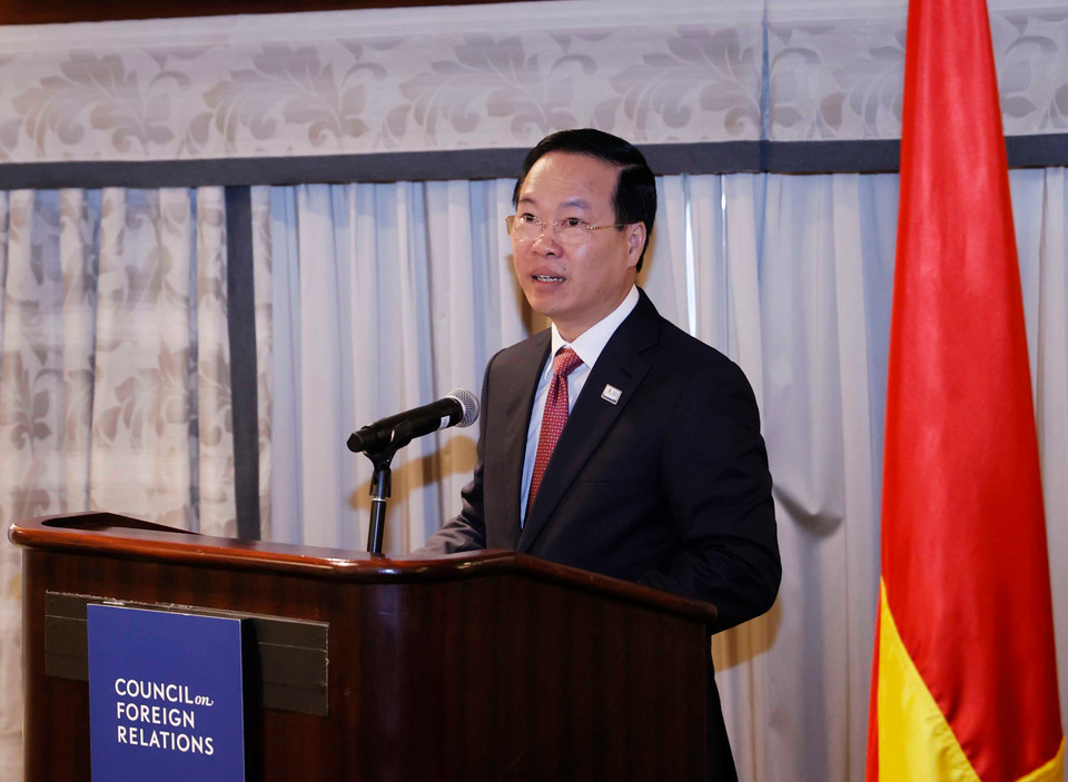 Chủ tịch nước Võ Văn Thưởng phát biểu tại Hội đồng Quan hệ Đối ngoại Hoa Kỳ. (Ảnh: Thống Nhất /TTXVN)