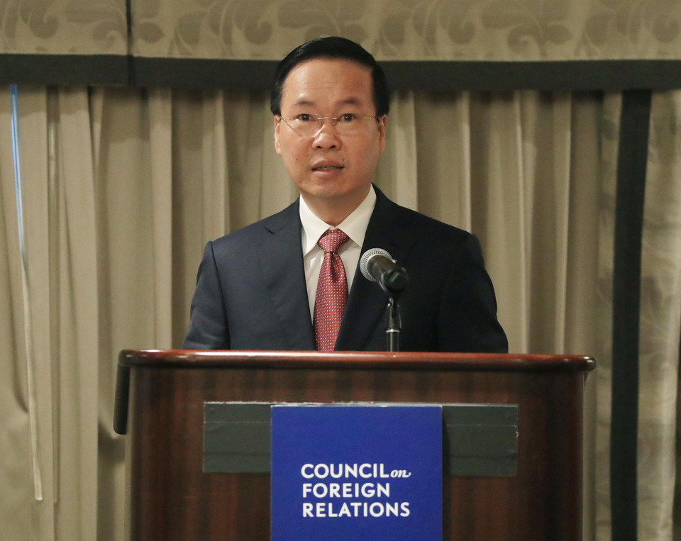 Chủ tịch nước Võ Văn Thưởng phát biểu tại Hội đồng Quan hệ Đối ngoại Hoa Kỳ.(Ảnh: Thống Nhất /TTXVN)