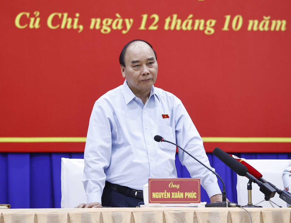 Chủ tịch nước Nguyễn Xuân Phúc phát biểu tại buổi tiếp xúc cử tri. (Ảnh: Thống Nhất/TTXVN)