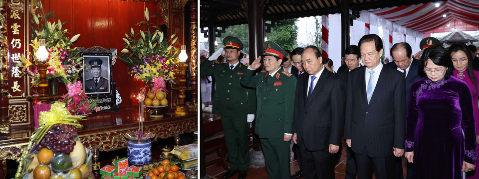 Thủ tướng Nguyễn Xuân Phúc cùng các lãnh đạo, nguyên lãnh đạo Đảng Nhà nước dâng hương tưởng niệm Chủ tịch nước Lê Đức Anh tại Nhà văn hoá Đại tướng Lê Đức Anh (làng Bàn Môn, xã Lộc An, huyện Phú Lộc, quê nhà của Đại tướng). (Ảnh: Thống Nhất/TTXVN) 