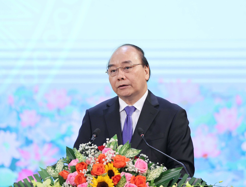 Thủ tướng Nguyễn Xuân Phúc đọc diễn văn tại lễ kỷ niệm. (Ảnh: Thống Nhất/TTXVN)