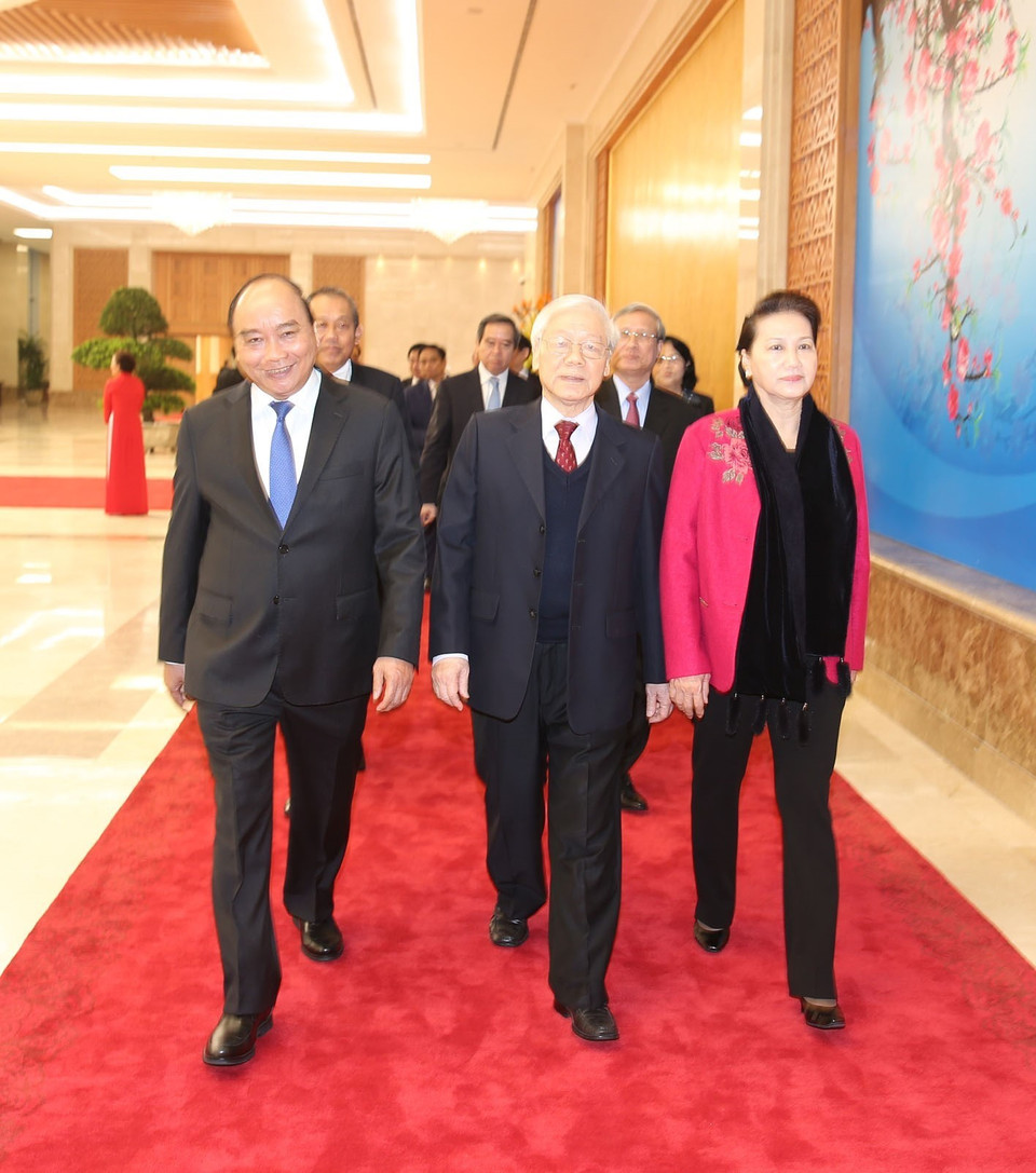 Tổng Bí thư, Chủ tịch nước Nguyễn Phú Trọng; Thủ tướng Chính phủ Nguyễn Xuân Phúc; Chủ tịch Quốc hội Nguyễn Thị Kim Ngân đến dự hội nghị. (Ảnh: Trí Dũng/TTXVN)