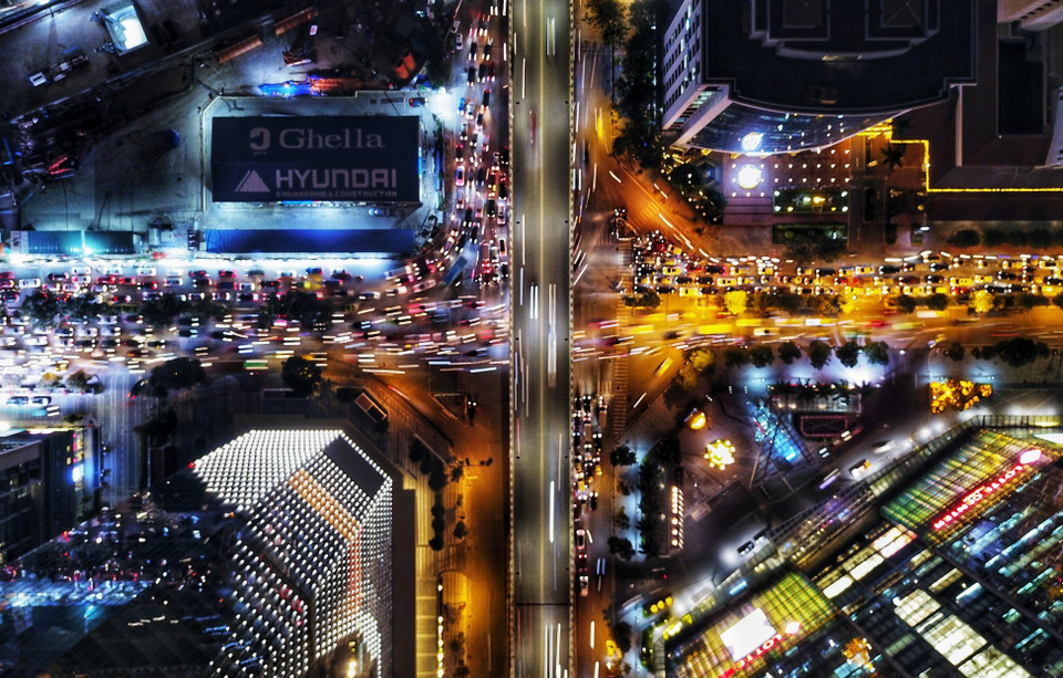 Toàn cảnh nút giao Kim Mã - Đào Tấn tắc đường giờ tan tầm (Ảnh chụp lúc 19h). (Ảnh: Thành Đạt/TTXVN)