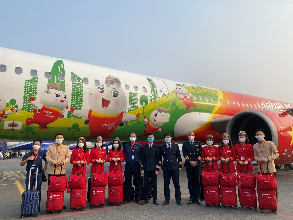 Máy bay Amy của Vietjet đã tiếp tục thực hiện hành trình đặc biệt đưa đoàn công tác tới New Delhi, Ấn Độ. (Ảnh: CTV/Vietnam+)