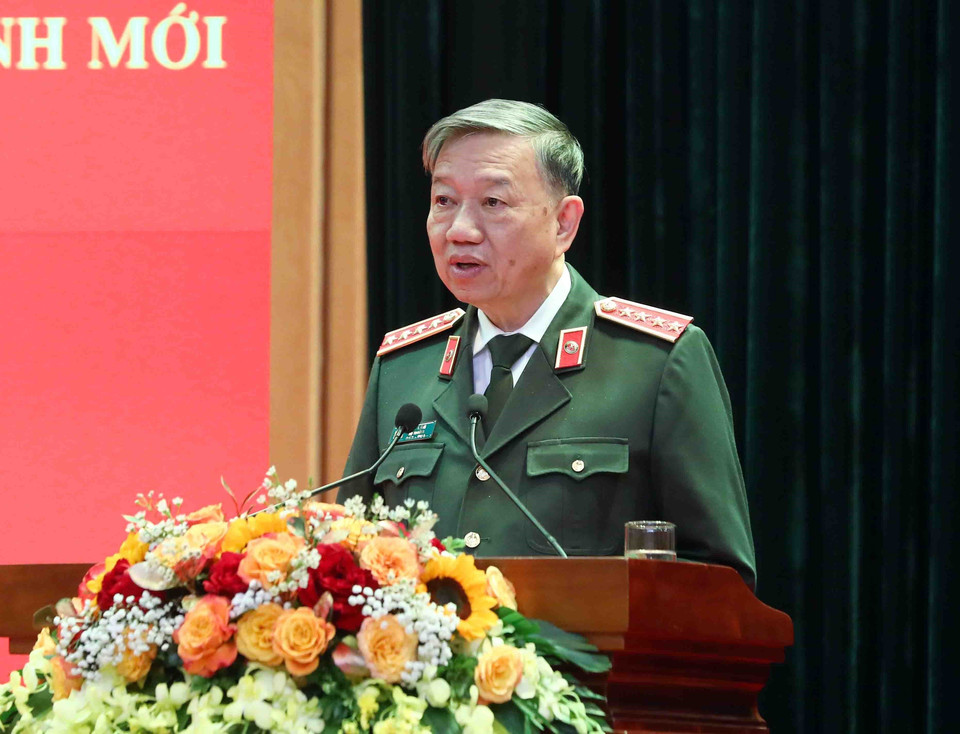 Đại tướng Tô Lâm, Ủy viên Bộ Chính trị, Bí thư Đảng ủy Công an Trung ương, Bộ trưởng Bộ Công an phát biểu. (Ảnh: Phạm Kiên/TTXVN)
