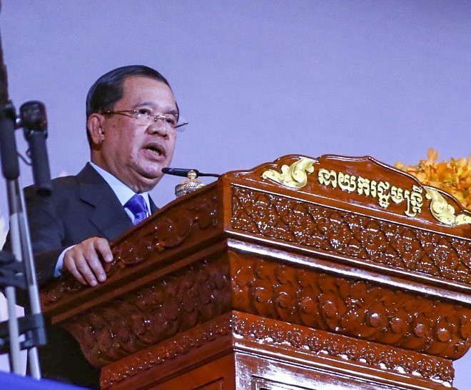 Thủ tướng Campuchia Samdech Techo Hun Sen phát biểu bế mạc SEA Games 32. (Ảnh: Hoàng Linh/TTXVN)