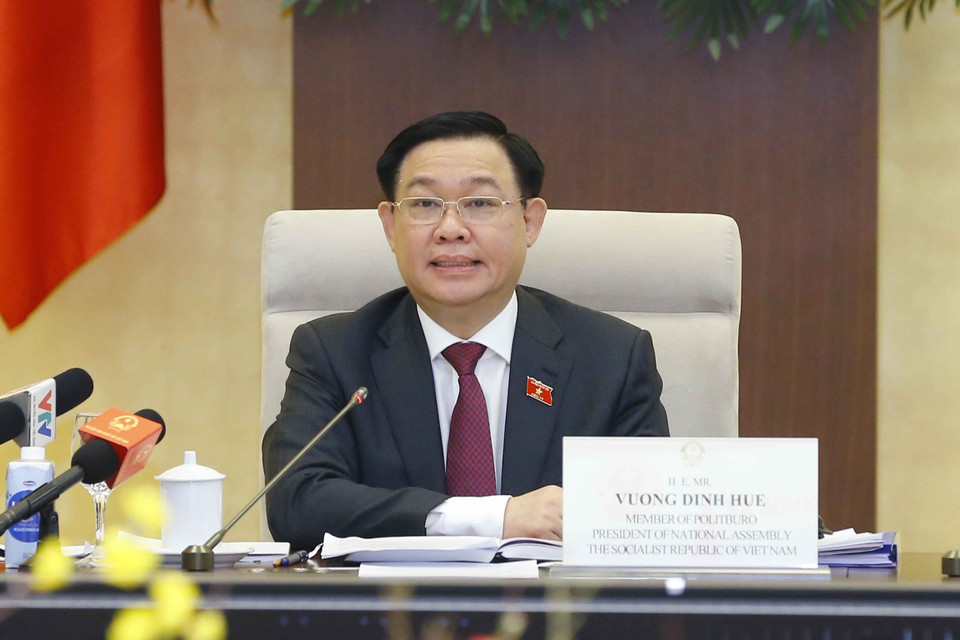 Chủ tịch Quốc hội Vương Đình Huệ chủ trì cuộc làm việc trực tuyến với Đoàn doanh nghiệp cấp cao của Hội đồng kinh doanh Hoa Kỳ- ASEAN. (Ảnh: Doãn Tấn/TTXVN)