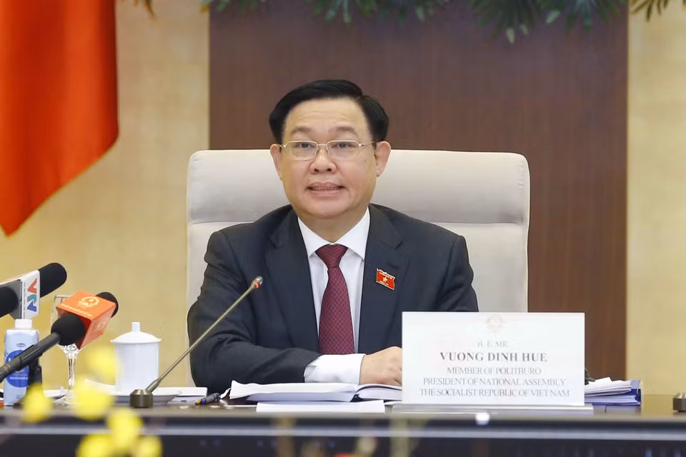 Chủ tịch Quốc hội Vương Đình Huệ chủ trì cuộc làm việc trực tuyến với Đoàn doanh nghiệp cấp cao của Hội đồng kinh doanh Hoa Kỳ- ASEAN. (Ảnh: Doãn Tấn/TTXVN)