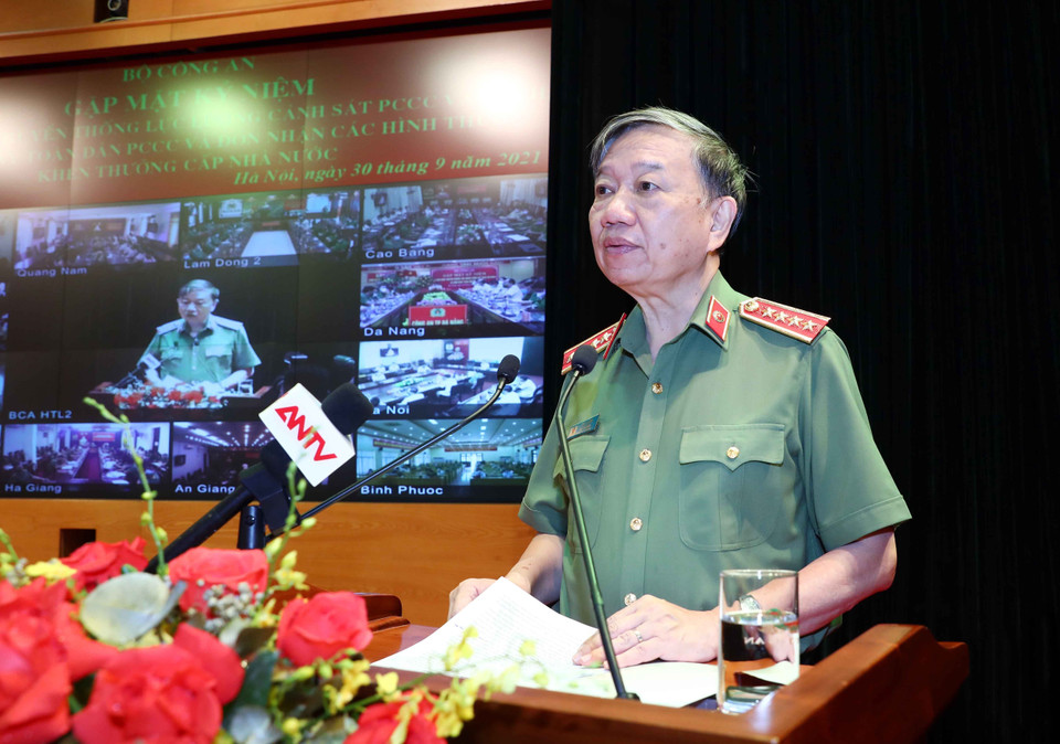 Đại tướng Tô Lâm, Ủy viên Bộ Chính trị, Bộ trưởng Bộ Công an, phát biểu tại buổi lễ. (Ảnh: Phạm Kiên/TTXVN)