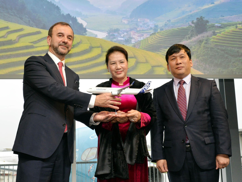 Chủ tịch Quốc hội Nguyễn Thị Kim Ngân chứng kiến lễ đón nhận máy bay của hãng Hàng không Vietjet. (Ảnh: Trọng Đức/TTXVN)