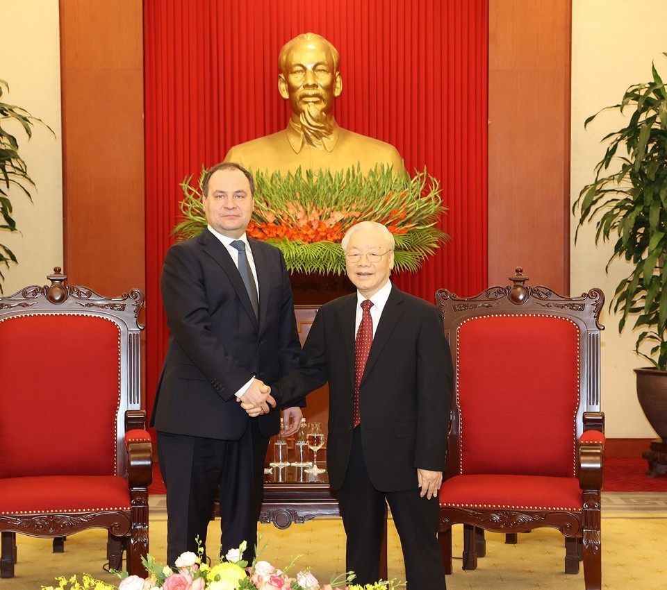 Tổng Bí thư Nguyễn Phú Trọng tiếp Thủ tướng Cộng hòa Belarus Roman Golovchenko. (Ảnh: Trí Dũng/TTXVN)