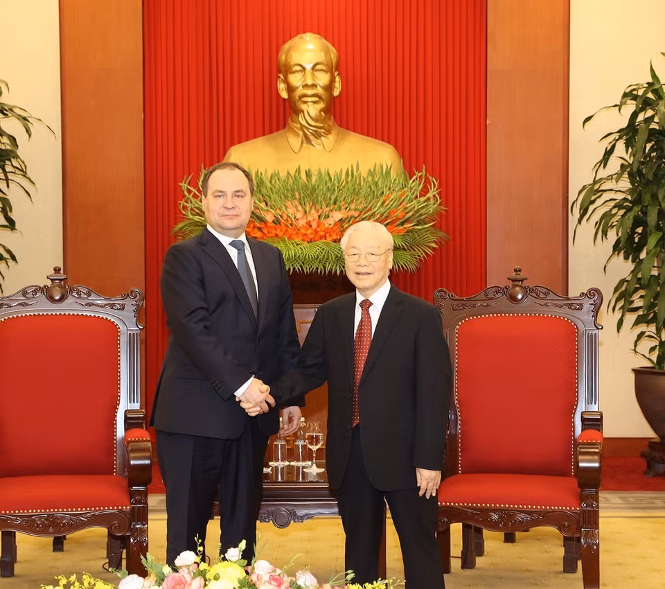 Tổng Bí thư Nguyễn Phú Trọng tiếp Thủ tướng Cộng hòa Belarus Roman Golovchenko. (Ảnh: Trí Dũng/TTXVN)