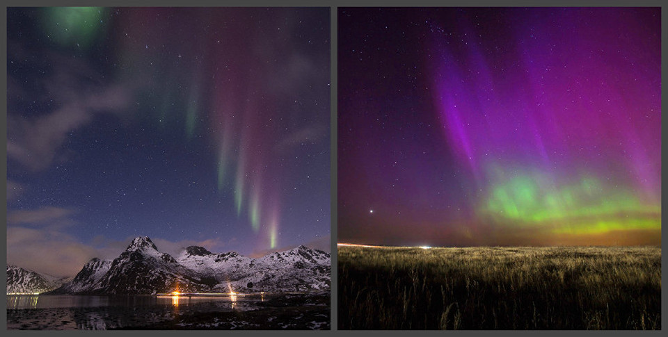 Trái: Cực quang trên bầu giời Flakstad, đảo Lofoten, Na Uy. (Nguồn: AFP) Phải: Cực quang tại quận Mikhailovsky, vùng Ryazan. (Nguồn: Sputnik)