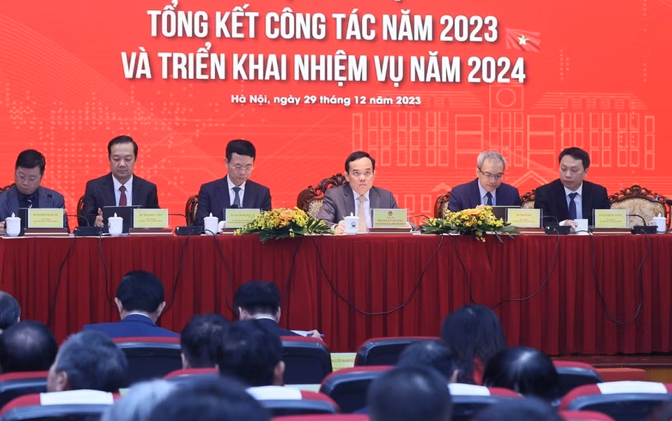 Phó Thủ tướng Trần Lưu Quang dự Hội nghị triển khai nhiệm vụ năm 2024 của Bộ Thông tin và Truyền thông. (Ảnh: Dương Giang/TTXVN)
