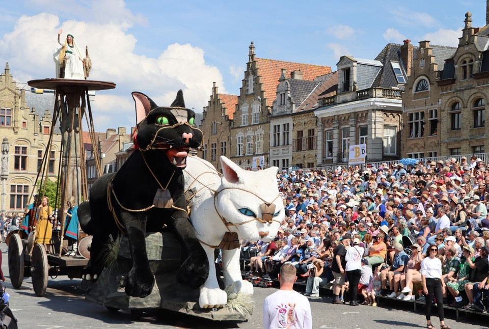 Điểm nhấn của lễ hội này là cuộc diễu hành của những con mèo khổng lồ được làm từ giấy bồi, mô phỏng lại những sự kiện lịch sử và truyền thuyết nổi tiếng của Ypres. (Ảnh: Hương Giang/TTXVN)