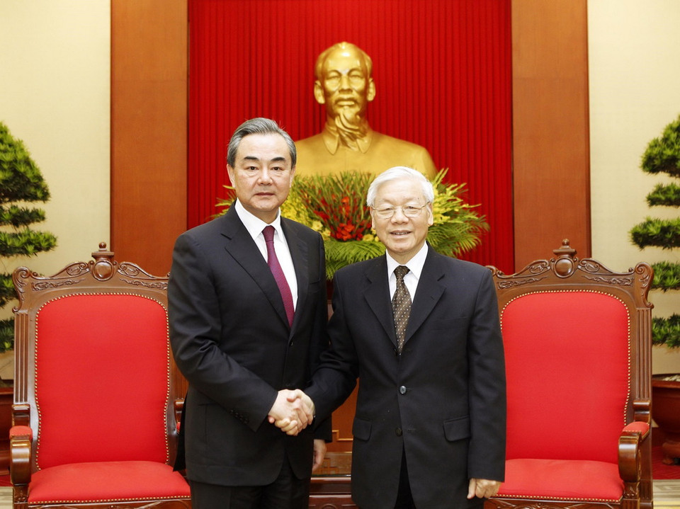  Sáng 2/4, tại Trụ sở Trung ương Đảng, Tổng Bí thư Nguyễn Phú Trọng tiếp Ủy viên Quốc vụ, Bộ trưởng Bộ Ngoại giao Trung Quốc Vương Nghị nhân dịp sang thăm chính thức Việt Nam. (Ảnh: Lâm Khánh/TTXVN)