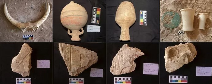 Một số đồ tạo tác được tìm thấy từ những lăng mộ có niên đại khoảng 4.200 năm ở tỉnh Sohag, miền Nam Ai Cập. (Nguồn: THX/TTXVN)