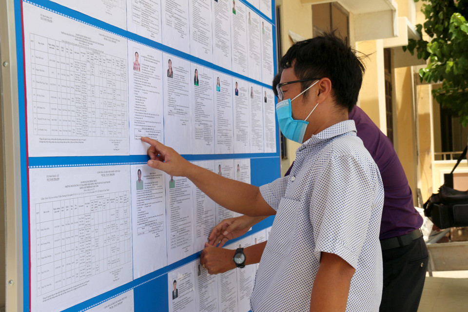 Cử tri huyện đảo Phú Quý xem danh sách người ứng cử Đại biểu Quốc hội khóa XV và Hội đồng nhân dân các cấp nhiệm kỳ 2021-2026. (Ảnh: Nguyễn Thanh/TTXVN)