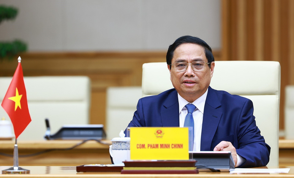 Thủ tướng Phạm Minh Chính phát biểu tại cuộc hội kiến Tổng Bí thư, Chủ tịch nước Lào Thongloun Sisoulith. (Ảnh: Dương Giang/TTXVN)