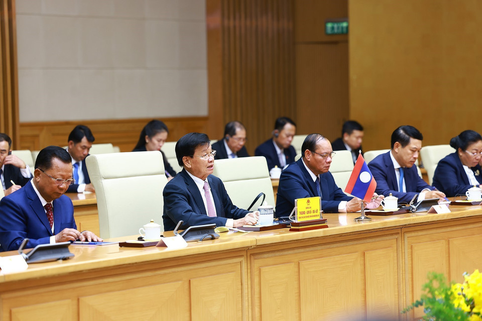 Tổng Bí thư, Chủ tịch nước Lào Thongloun Sisoulith phát biểu. (Ảnh: Dương Giang/TTXVN)