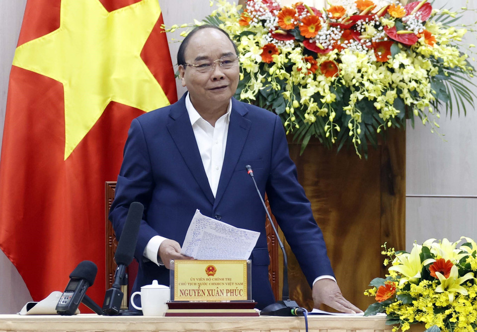 Chủ tịch nước Nguyễn Xuân Phúc phát biểu chỉ đạo tại buổi làm việc. (Ảnh: Thống Nhất/TTXVN)