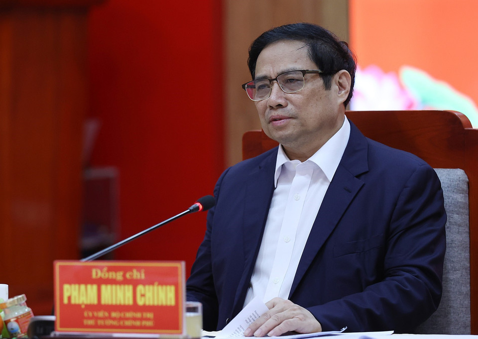 Thủ tướng Phạm Minh Chính tại buổi làm việc với lãnh đạo chủ chốt tỉnh Khánh Hòa. (Ảnh: Dương Giang/TTXVN)
