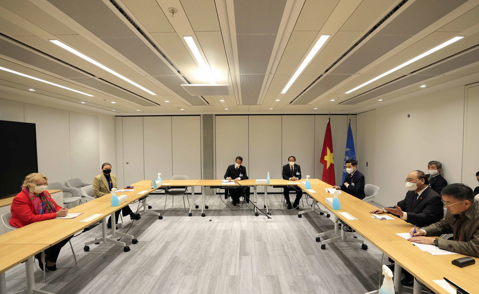 Quang cảnh buổi gặp giữa Chủ tịch nước Nguyễn Xuân Phúc và bà Tatiana Valovaya, Tổng giám đốc Văn phòng Liên hợp quốc tại Geneve. (Ảnh: Thống Nhất/TTXVN)