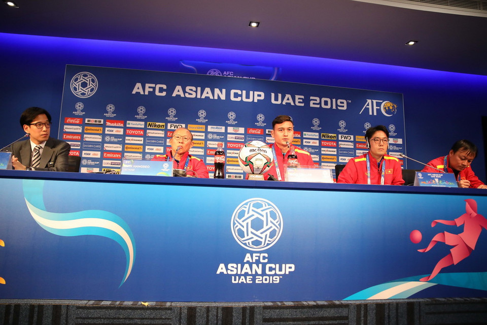 Buổi họp báo trước trận Việt Nam-Jordan trong khuôn khổ vòng 1/8 AFC Asian Cup 2019. (Ảnh: Hoàng Linh/TTXVN)