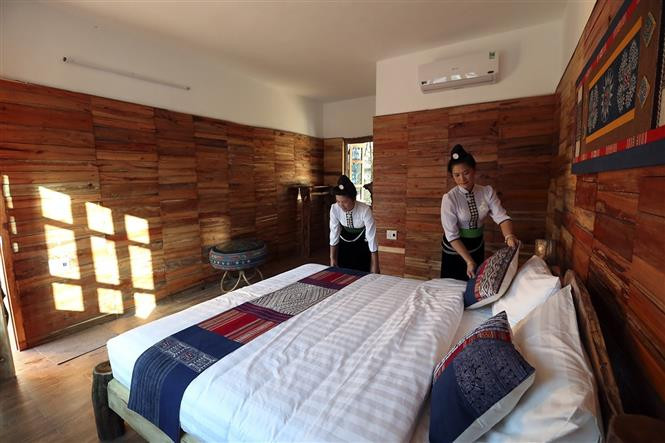 Bên trong một nhà cộng đồng tại homestay Mường Then. (Ảnh: Tuấn Anh/TTXVN)