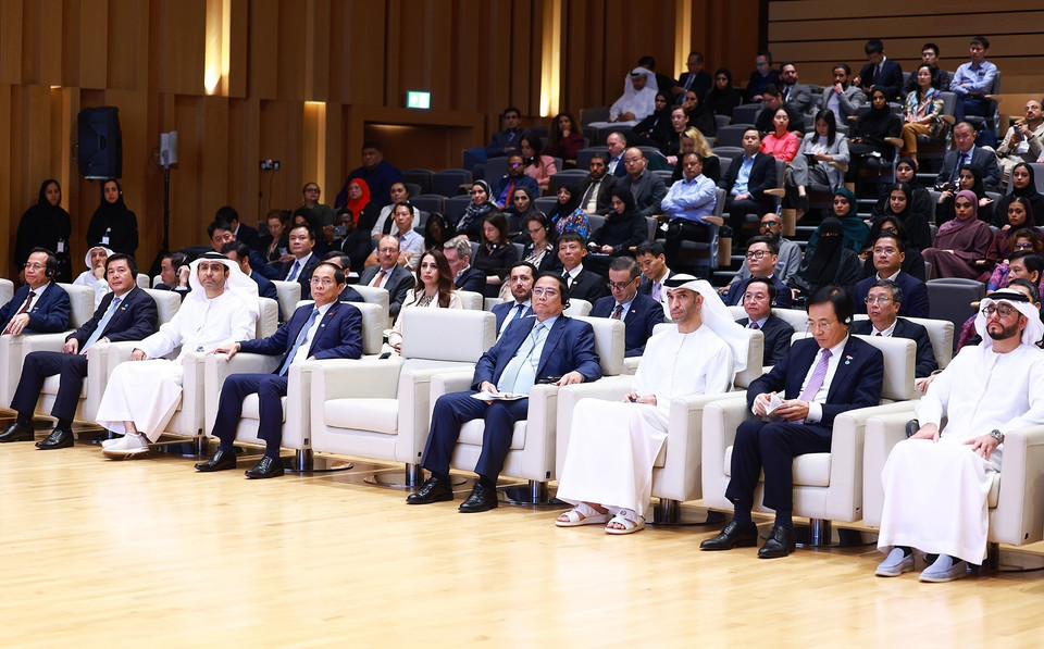 Thủ tướng Phạm Minh Chính tham dự và phát biểu về chính sách của Việt Nam tại Học viện Ngoại giao Anwar Gargash. (Ảnh: Dương Giang/TTXVN)