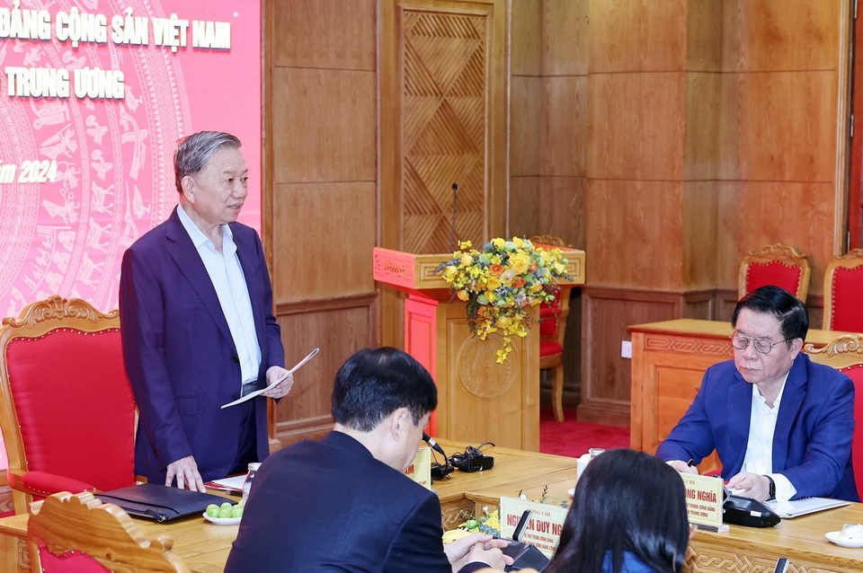 Tổng Bí thư Tô Lâm phát biểu chỉ đạo tại buổi làm việc với Ban Tuyên giáo Trung ương. (Ảnh: Thống Nhất/TTXVN)