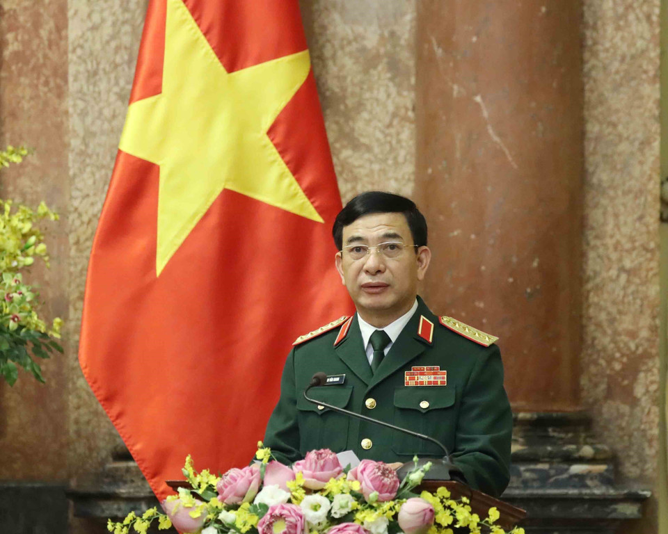 Đại tướng Phan Văn Giang, Ủy viên Bộ Chính trị, Phó Bí thư Quân ủy Trung ương, Bộ trưởng Bộ Quốc phòng phát biểu tại buổi lễ. (Ảnh: Thống Nhất/TTXVN)