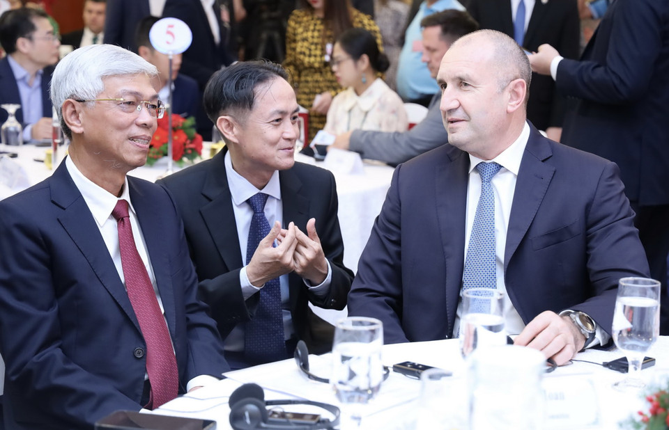 Tổng thống Bulgaria Rumen Radev tham dự Diễn đàn doanh nghiệp Việt Nam-Bulgaria. (Ảnh: Xuân Anh/TTXVN)