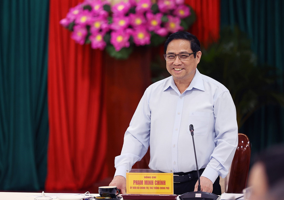 Thủ tướng Phạm Minh Chính phát biểu tại buổi làm việc với lãnh đạo chủ chốt tỉnh Bình Phước. (Ảnh: Dương Giang/TTXVN)