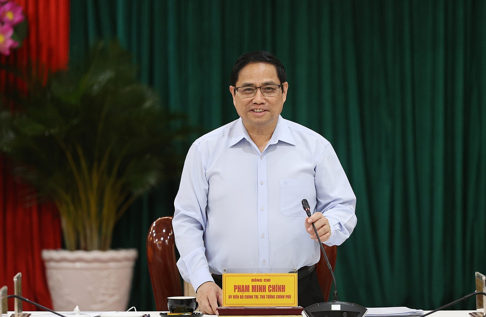 Thủ tướng Phạm Minh Chính phát biểu tại buổi làm việc với lãnh đạo chủ chốt tỉnh Bình Phước. (Ảnh: Dương Giang/TTXVN)