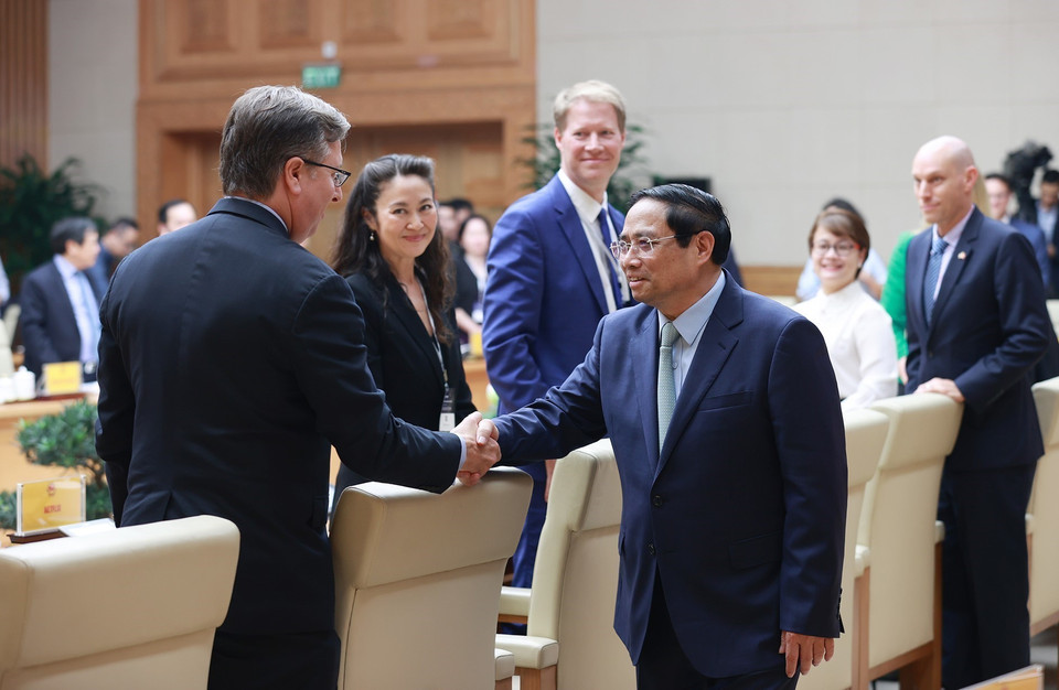 Chiều 22/3, tại Hà Nội, Thủ tướng Phạm Minh Chính tiếp Đoàn doanh nghiệp của Hội đồng Kinh doanh Hoa Kỳ-ASEAN (USABC) gồm hơn 50 tập đoàn, doanh nghiệp hàng đầu của Hoa Kỳ. (Ảnh: Dương Giang/TTXVN)