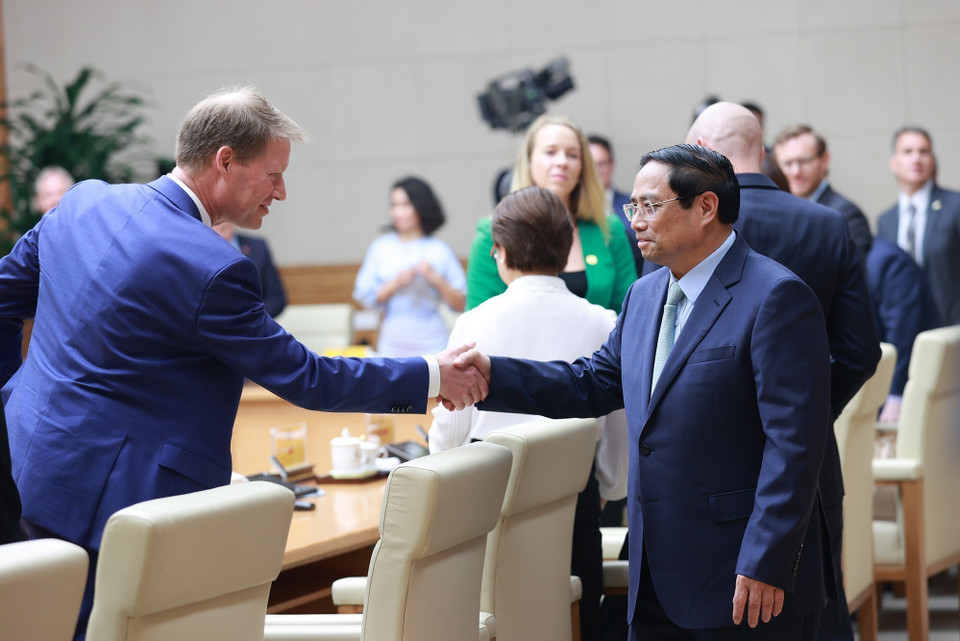 Thủ tướng Phạm Minh Chính với các doanh nghiệp Hội đồng Kinh doanh Hoa Kỳ-ASEAN. (Ảnh: Dương Giang/TTXVN)
