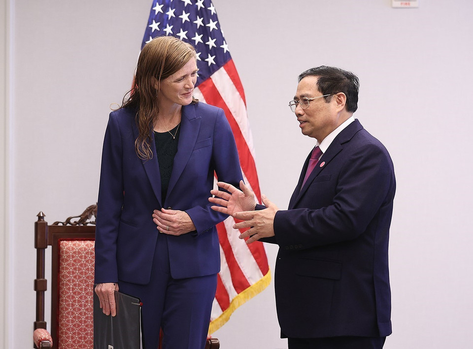 Thủ tướng Phạm Minh Chính tiếp bà Samantha Power, Giám đốc Cơ quan phát triển quốc tế Hoa Kỳ USAID. (Ảnh: Dương Giang/TTXVN)
