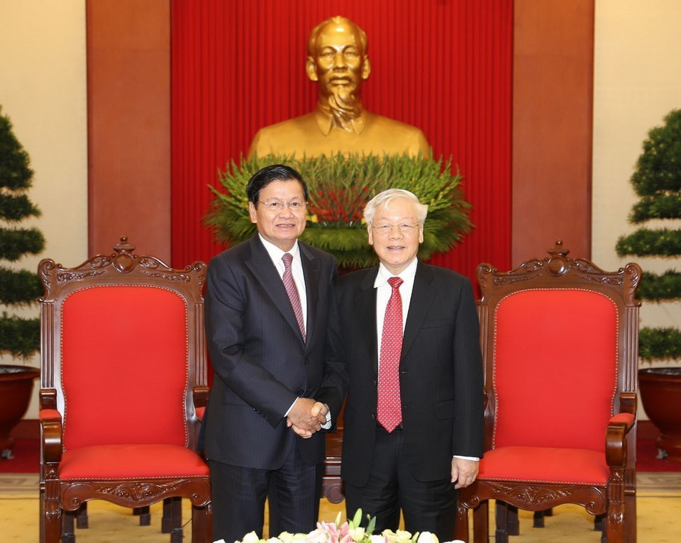 Tổng Bí thư, Chủ tịch nước Nguyễn Phú Trọng tiếp Thủ tướng Lào Thongloun Sisoulith thăm chính thức Việt Nam (Hà Nội, 1/10/2019). (Ảnh: Trí Dũng/TTXVN)