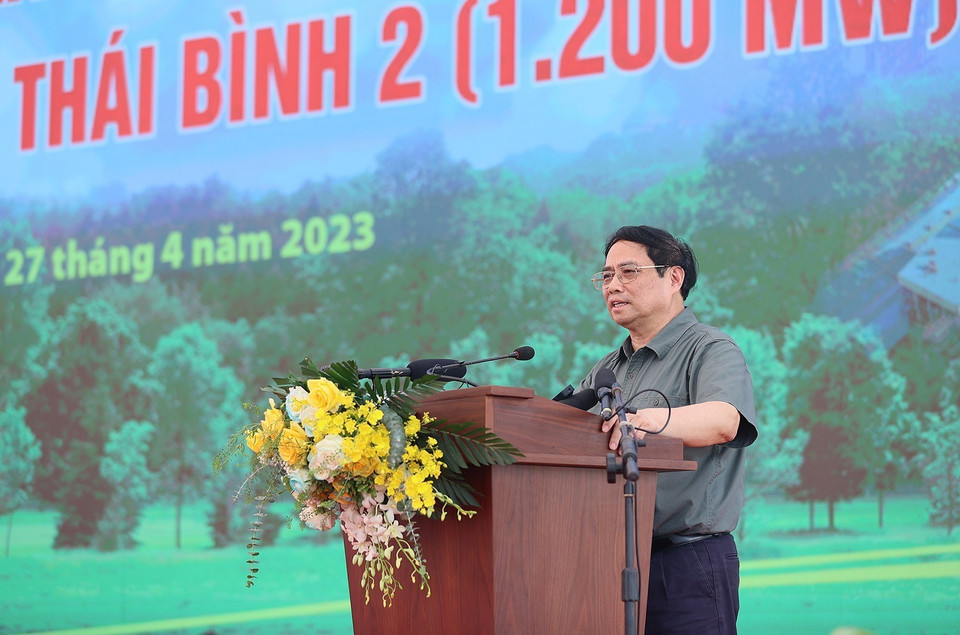 Thủ tướng Phạm Minh Chính phát biểu tại Lễ khánh thành Nhà máy nhiệt điện Thái Bình 2. (Ảnh: Dương Giang/TTXVN)