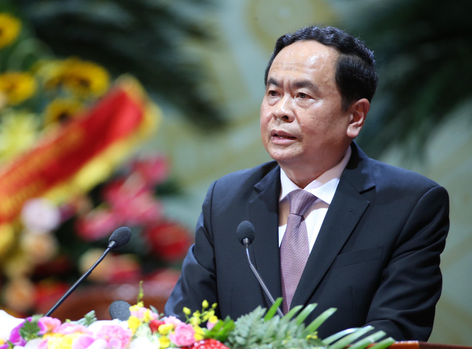 Bí thư Trung ương Đảng, Chủ tịch Ủy ban Trung ương Mặt trận Tổ quốc Việt Nam khóa IX Trần Thanh Mẫn trình bày diễn văn bế mạc đại hội. (Ảnh: TTXVN)