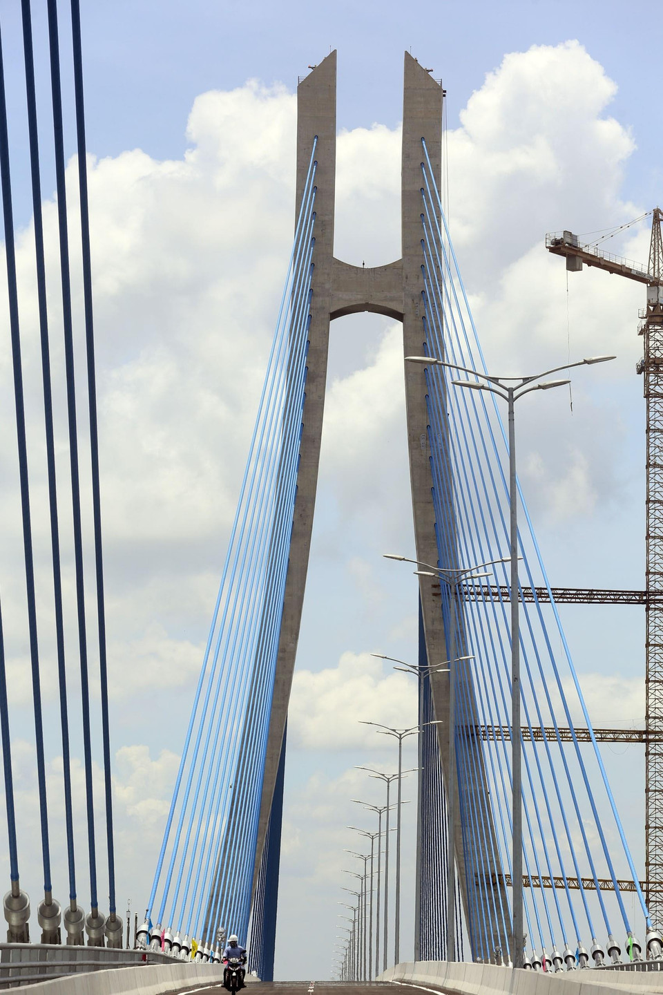 Cầu Vàm Cống được thiết kế với quy mô cầu dây văng hai mặt phẳng dây, nhịp chính dài 450m, tĩnh không thông thuyền 37,5m. Trụ tháp cao 143,9m. (Ảnh: Huy Hùng/TTXVN)